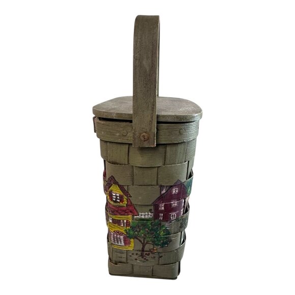 Vtg Hand-Painted Green Picnic Basket Purse Church Steeple Handle Village Scene - Picture 6 of 11